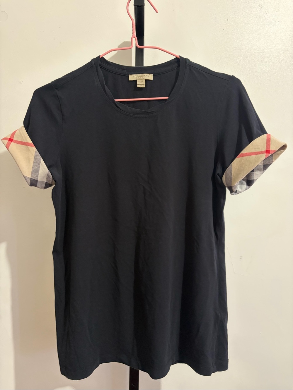 Burberry Black Short Sleeve Tee with Signature Beige Check Cuff